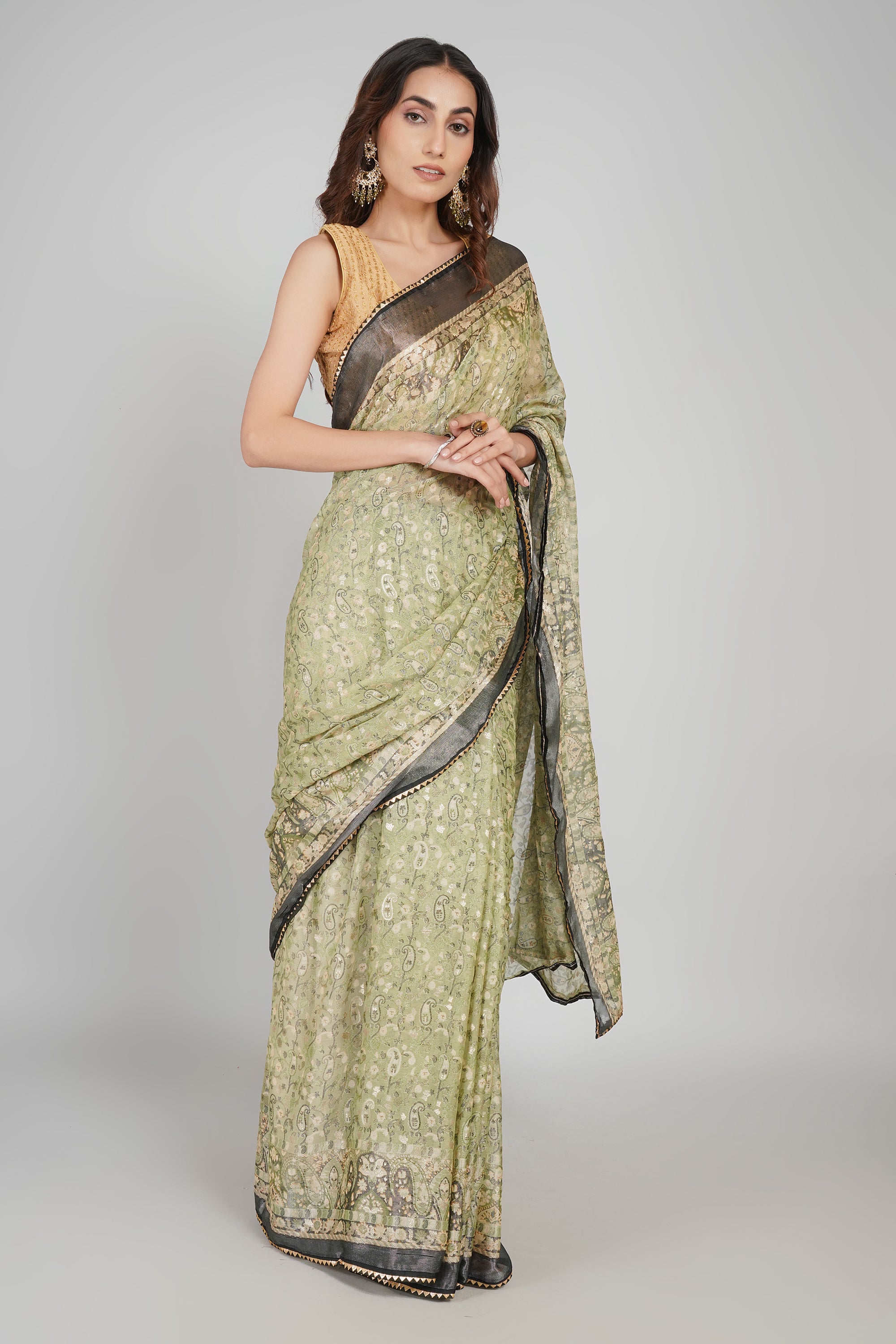 Light Olive Green Brasso Printed Saree with Metallic Grey Border
