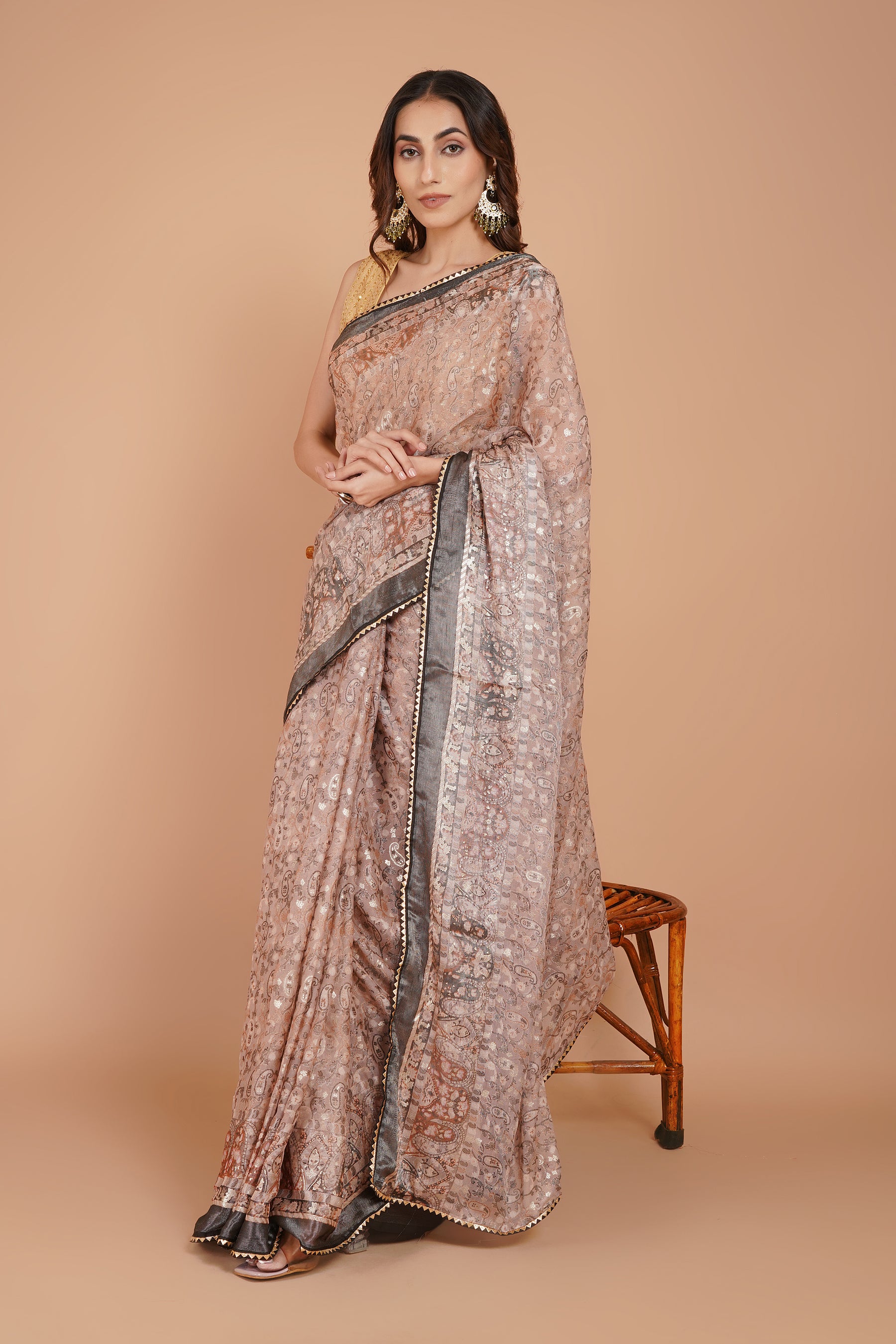 Rose Gold Brasso Saree with Metallic Grey Border