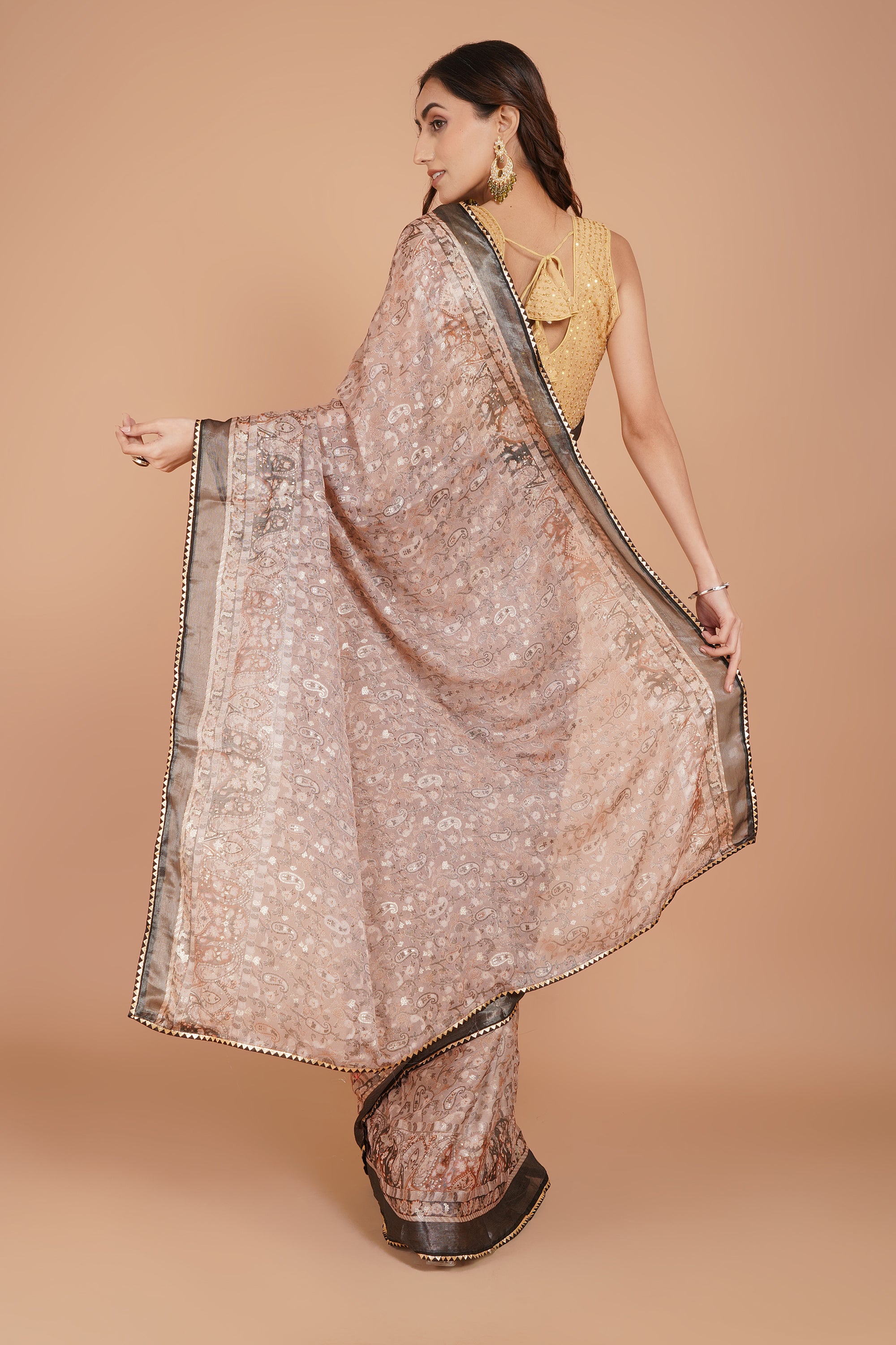 Rose Gold Brasso Saree with Metallic Grey Border