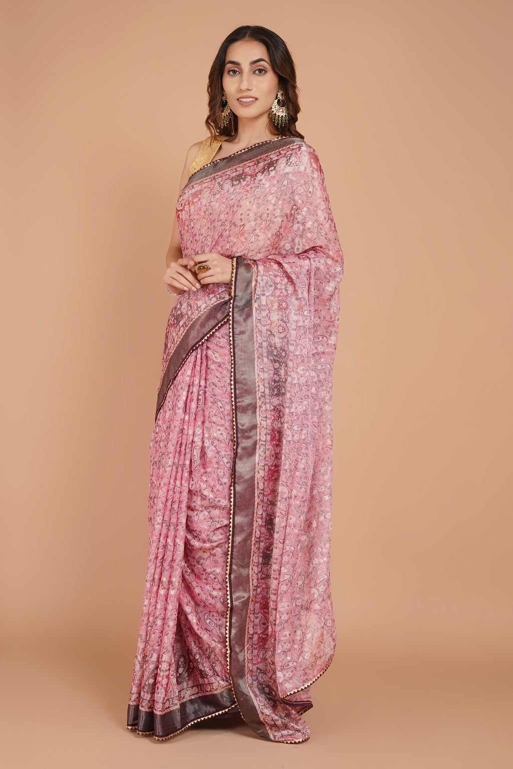 Pink Brasso Printed Saree with Metallic Grey Border & Designer Detailing